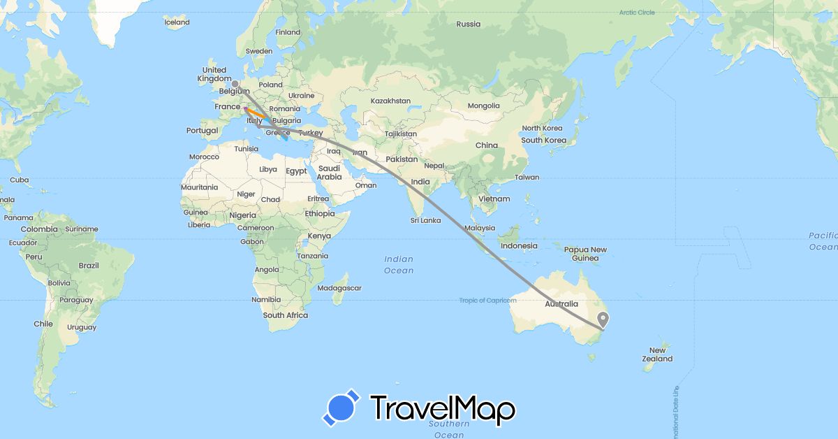 TravelMap itinerary: driving, plane, train, boat, hitchhiking in Australia, Switzerland, Greece, Croatia, Italy, Netherlands (Europe, Oceania)